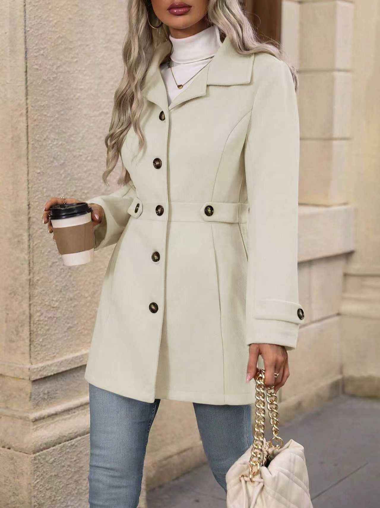 Women's Wool-Blend Lapel Overcoat – Button-Up Elegant Coat