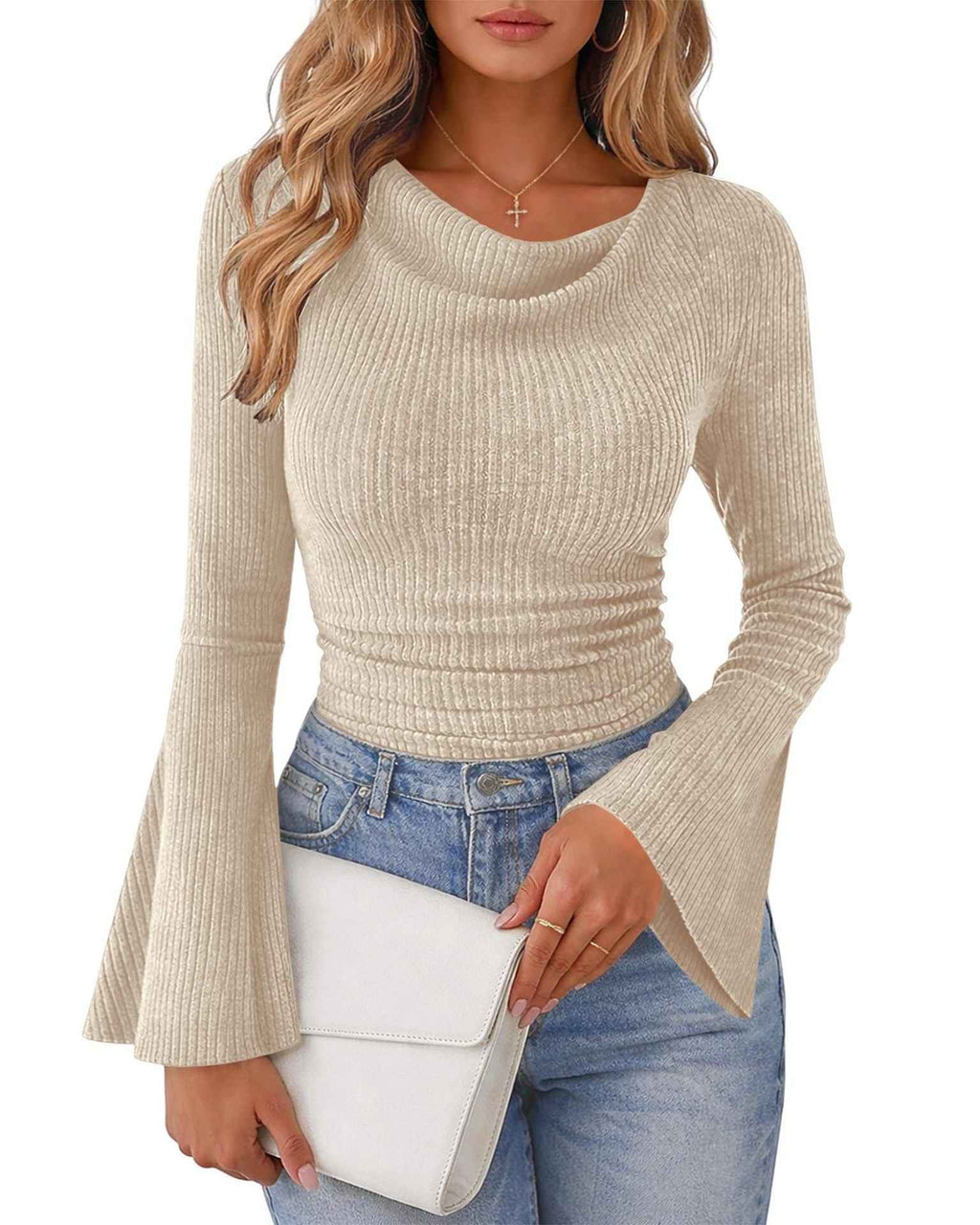 Womens Solid-Color Brushed T-Shirt With Flared Long Sleeves