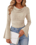 Womens Solid-Color Brushed T-Shirt With Flared Long Sleeves