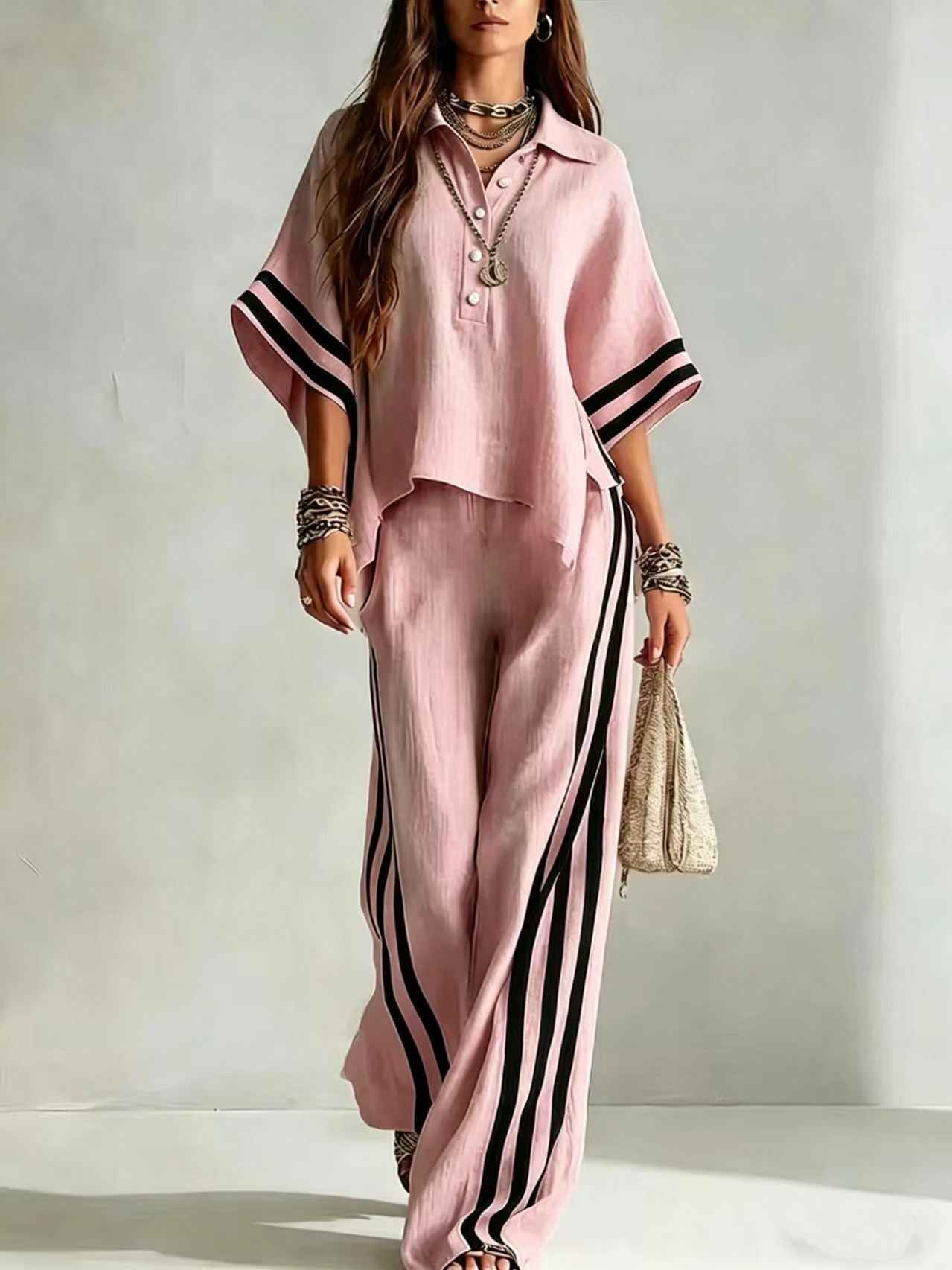 3/4-Sleeve Shirt & Wide-Leg Trousers Set — Plus Size, Commuter Style