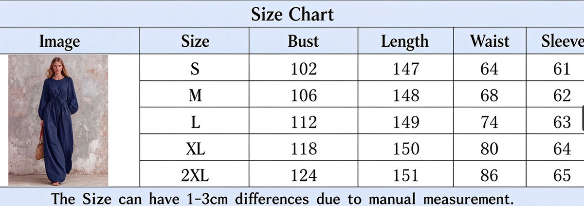 Women's Gathered-Waist Wide-Leg Jumpsuit - S to 2XL bust waist sleeve and length chart