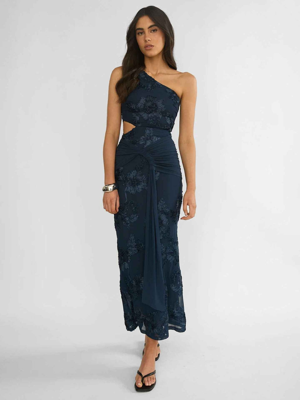 One-shoulder Floral-embroidered Dress With Waist Pleating And A Draped Silhouette