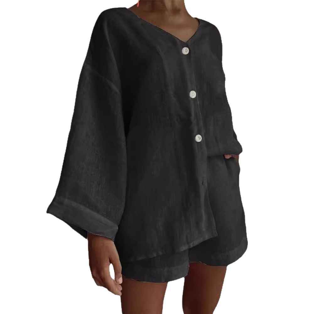 Cotton-Linen Long-Sleeve Shirt & Shorts Casual Two-Piece Set