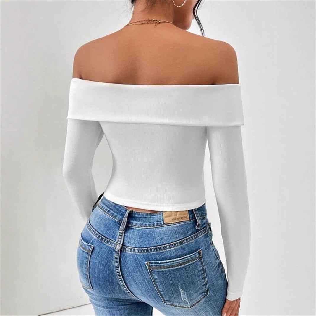 Off-shoulder Slim-fit Versatile Short-sleeved T-shirt With A Boat Neckline