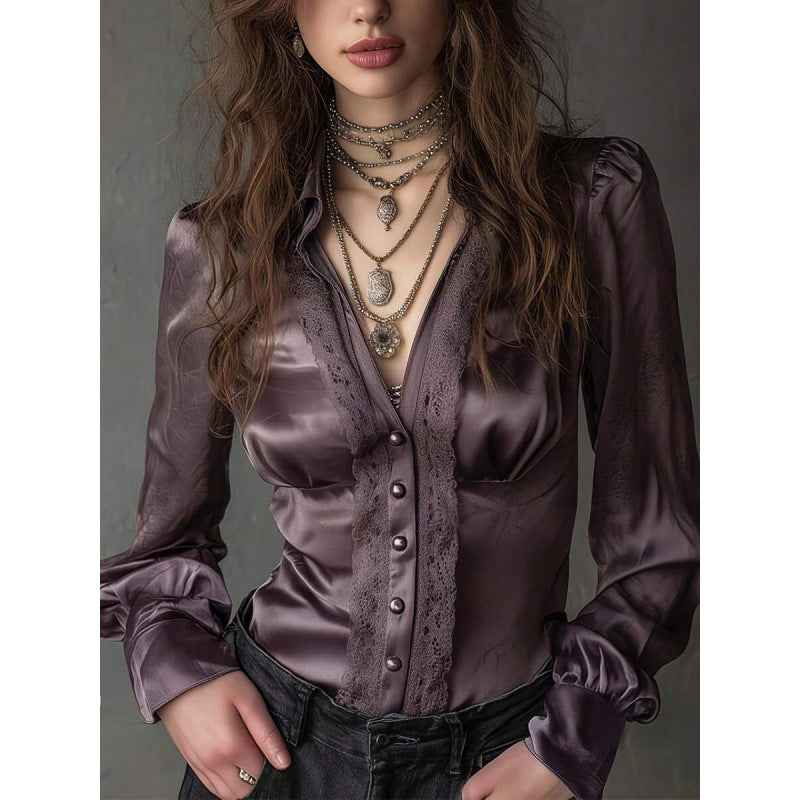 Satin Long-Sleeve Shirt – Flared Sleeves & Turn-Down Collar