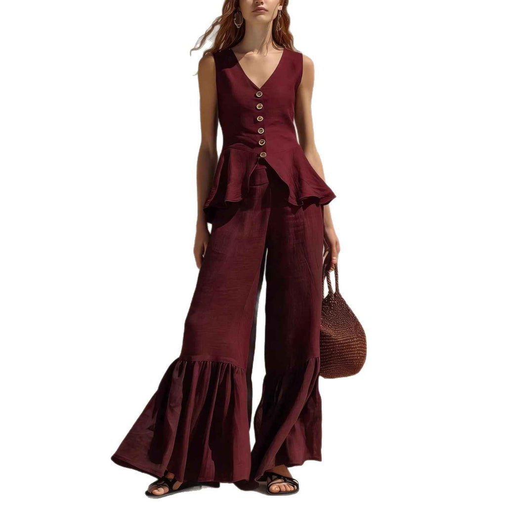 Linen Sleeveless V-Neck Button-Down Flounce Top & Wide-Leg Pants Two-Piece Set