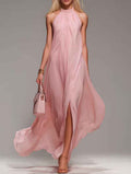 Halter Neck Backless Maxi Dress with Slit & Ribbon Tie
