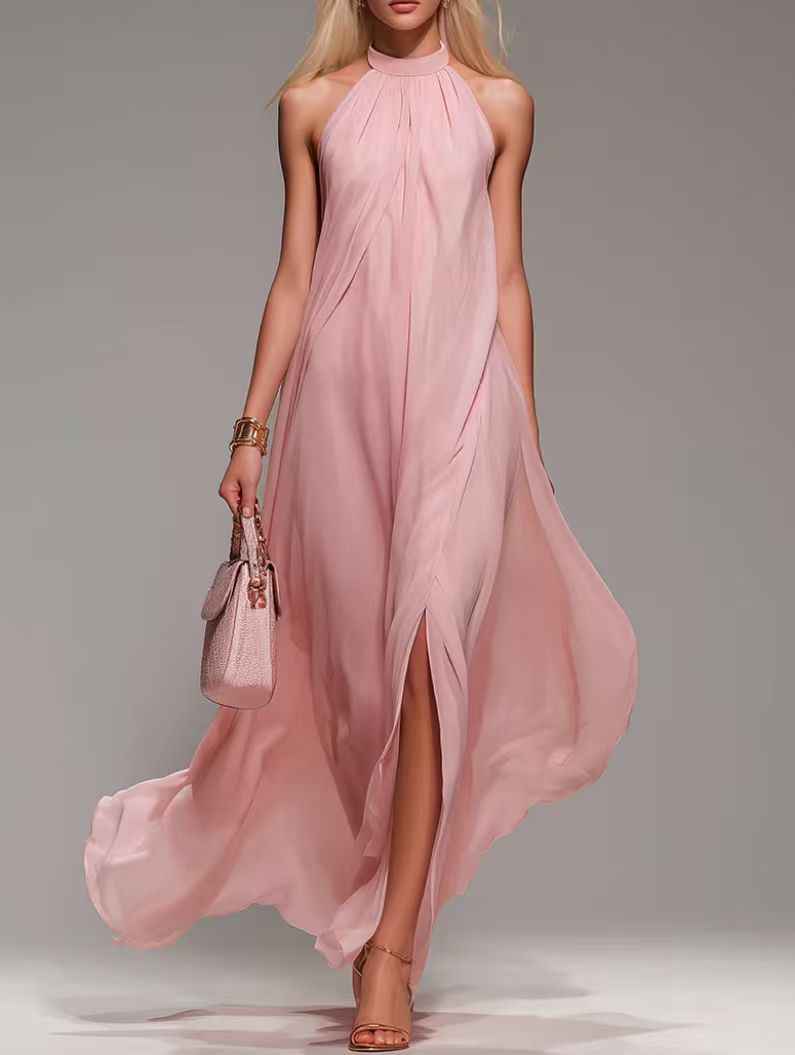Halter Neck Backless Maxi Dress with Slit & Ribbon Tie