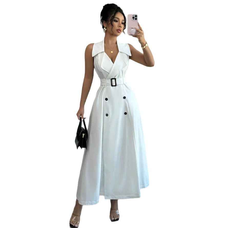 Sleeveless Double-Breasted Polo Collar A-Line Mini Dress