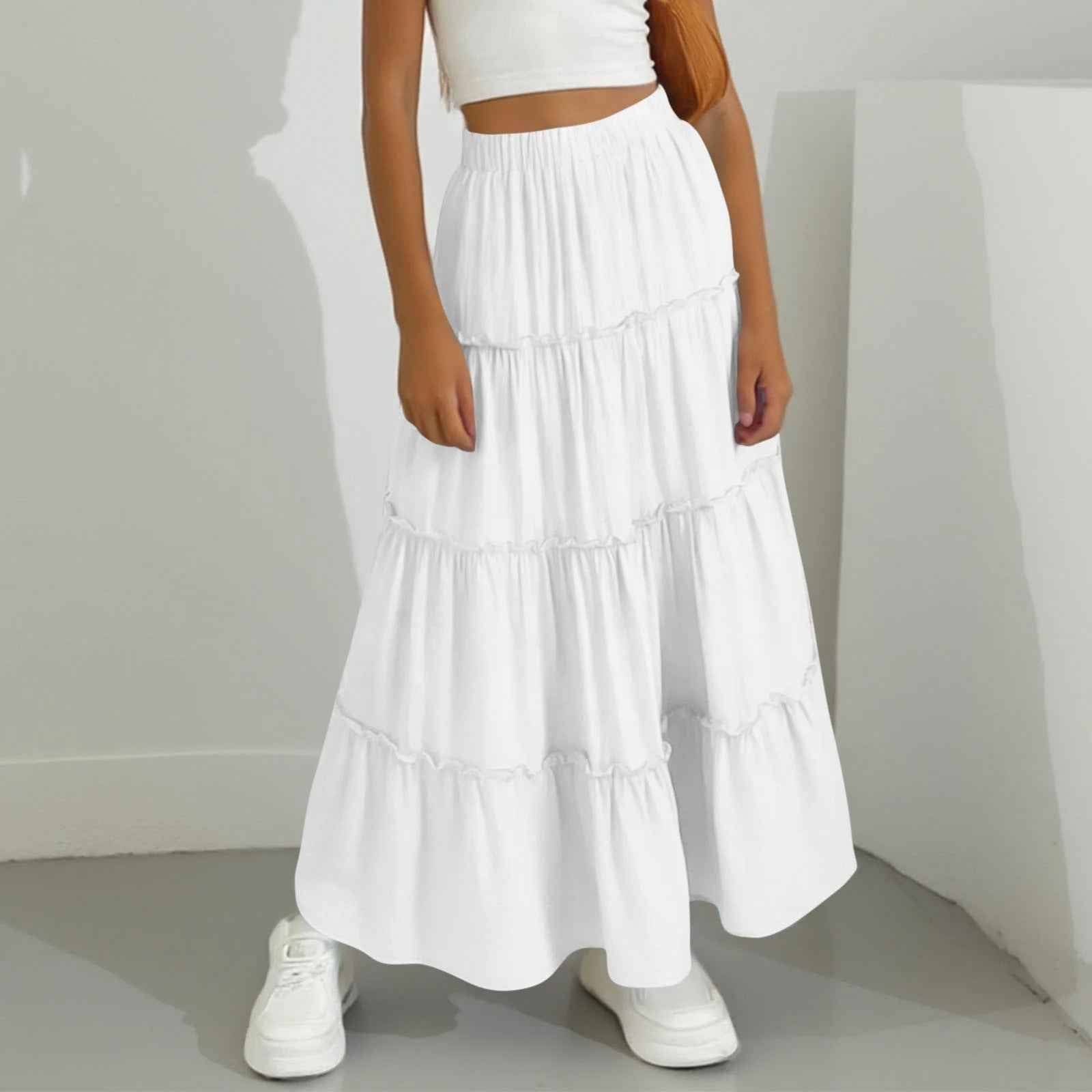 Pleated A-Line Midi Skirt – Lace & Ruffle Detail, Lined