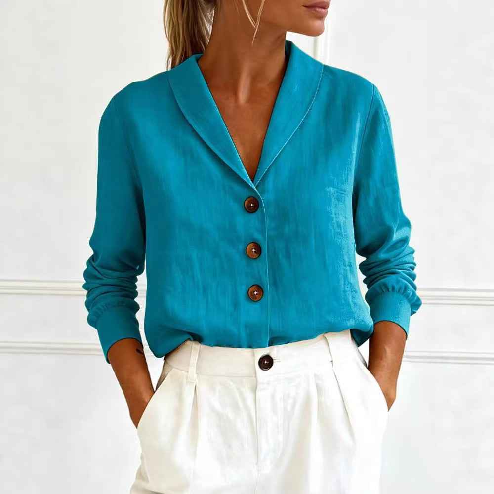 Solid Colour Cotton Long-Sleeve Collar Button-Up Shirt