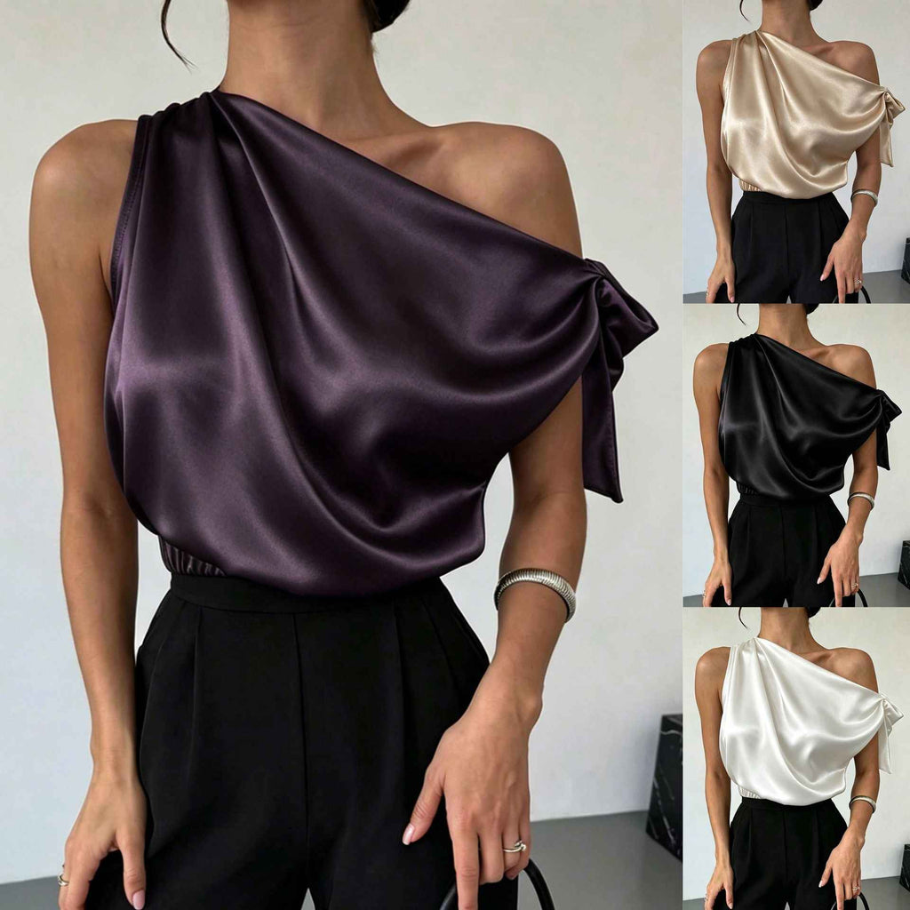 Women's Satin Off-Shoulder Asymmetric Bow Blouse — 4 Colours