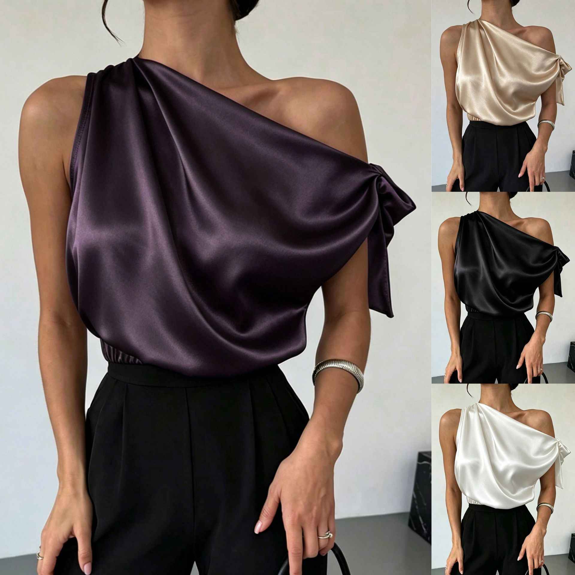 Women's Satin Off-Shoulder Asymmetric Bow Blouse — 4 Colours