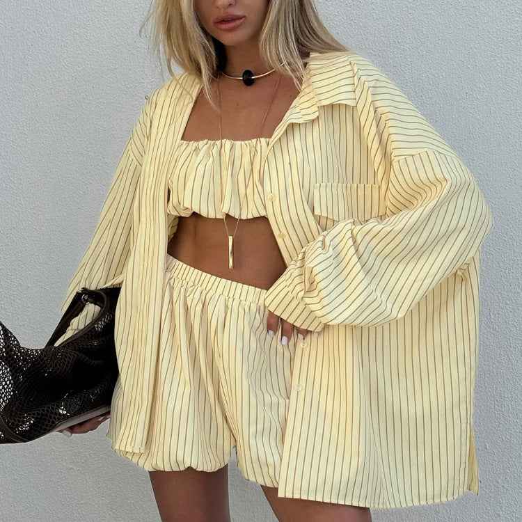 Striped 3-Piece Set – Oversized Shirt, Crop Tube Top & Elastic Shorts
