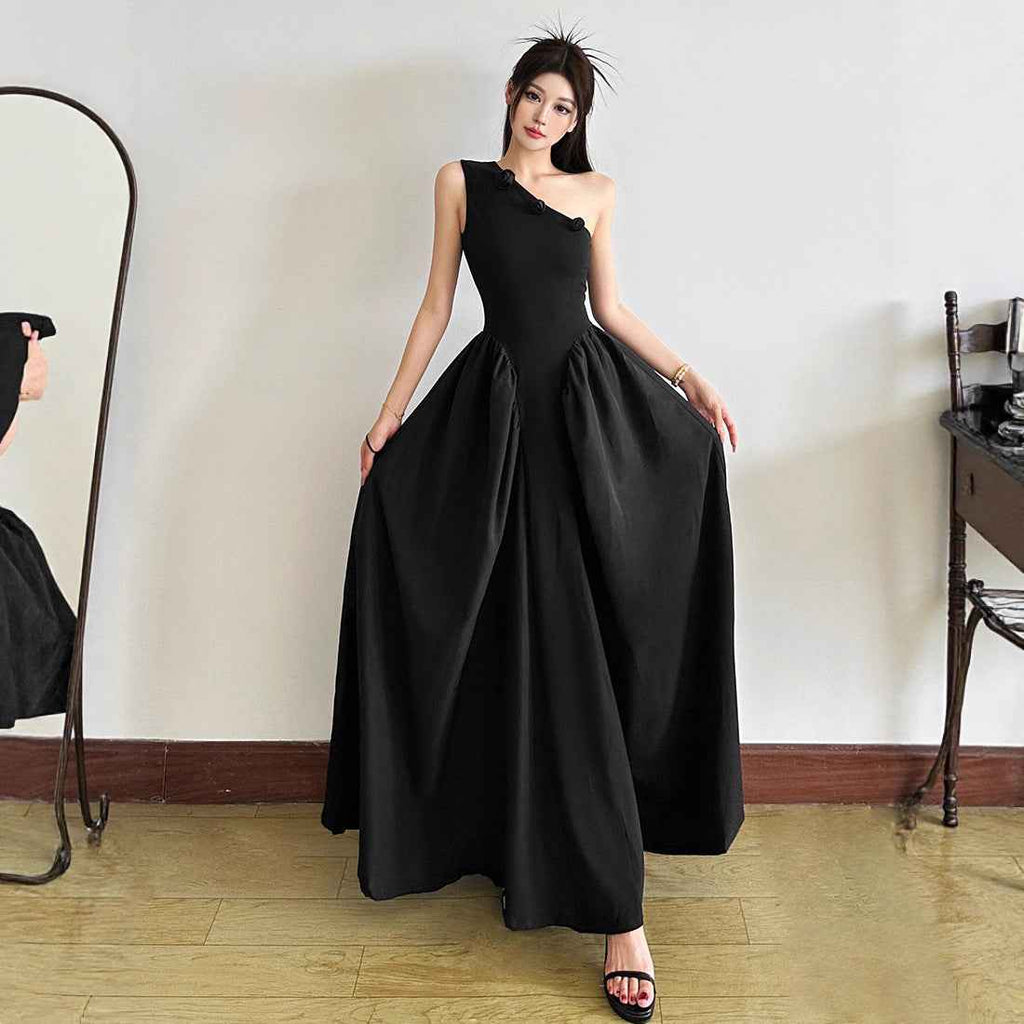 Patchwork A-Line Maxi Dress — High Waist, Sleeveless Strap, Minimalist