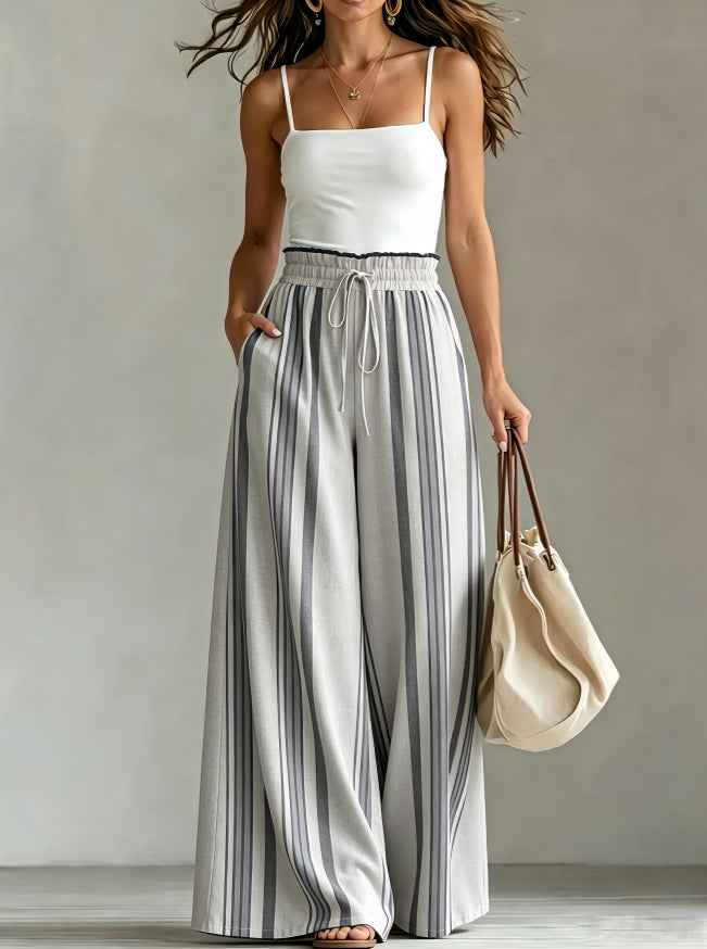Womens Casual Striped Straight-leg Drawstring Wide-leg Pants