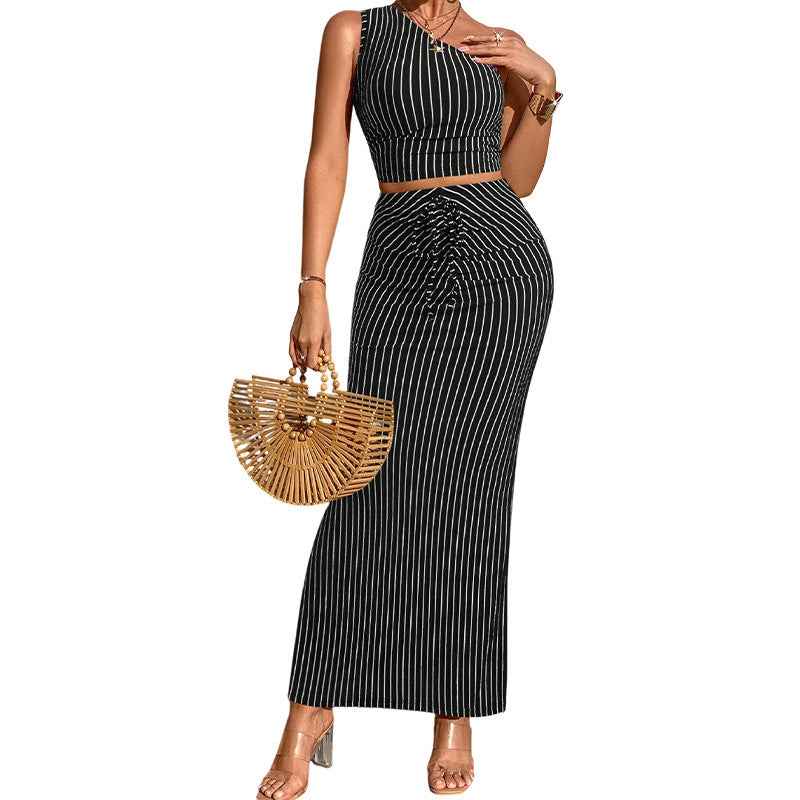Striped Asymmetric Hem Vest & Slim Skirt Set — 3 Colours, XS–XL