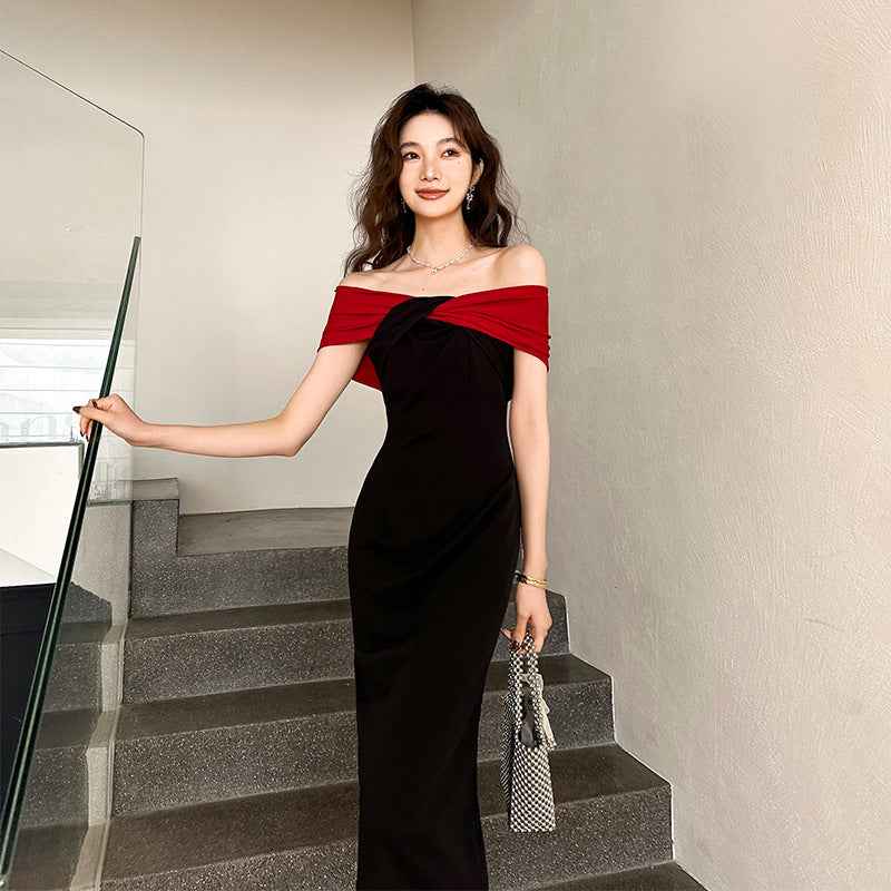 Women's Off-Shoulder Mermaid Evening Gown — Black & Red