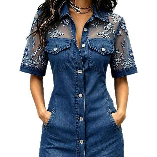 Womens Fashion Casual Patchwork Lace Denim Mini Dress