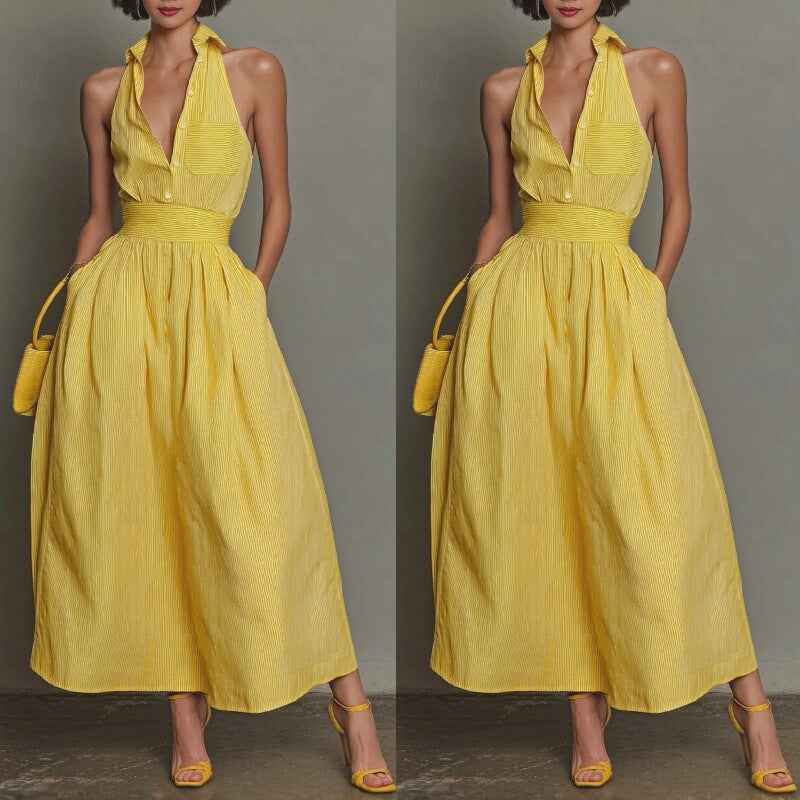 Yellow-striped V-neck, Waist-cinched, Sleeveless Dress That The