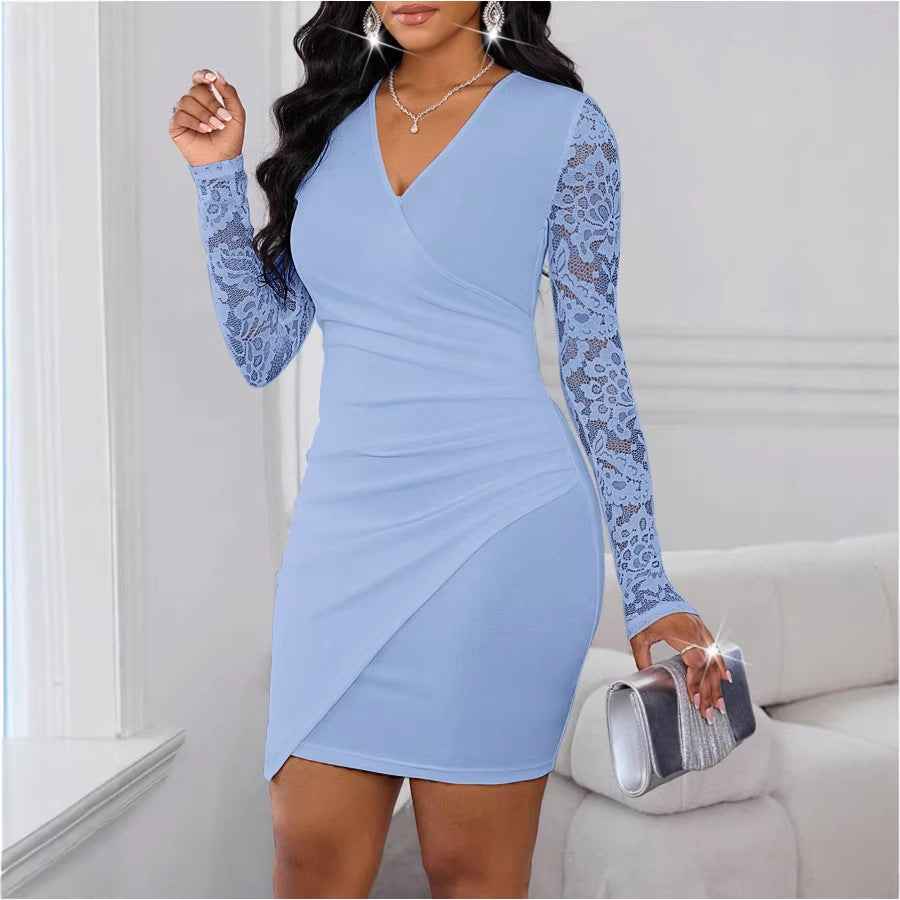 V-Neck Lace Trim Midi Dress — Slim Fit, Long Sleeve, 3 Colours