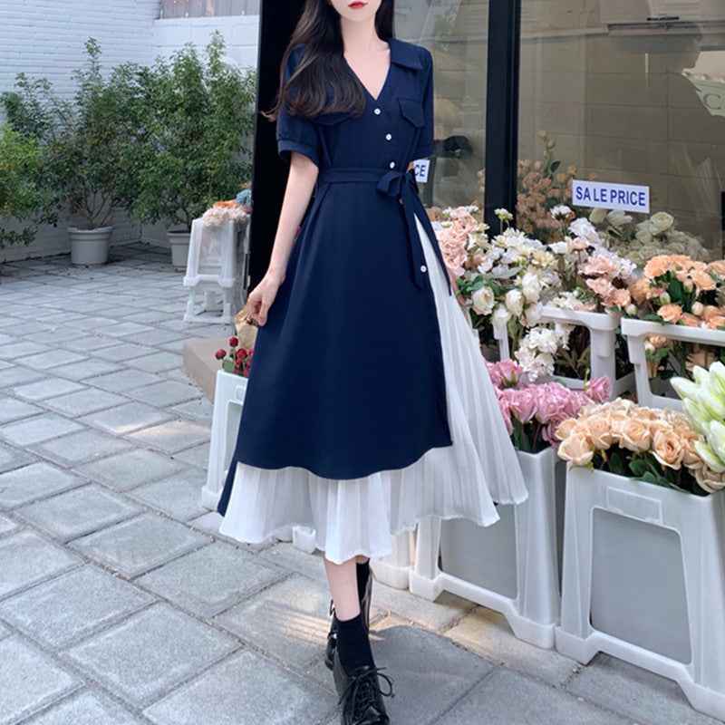 Fake Two-piece Short-sleeve V-neck Midi Dress