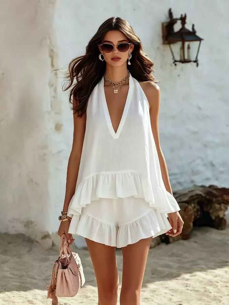 Womens Summer Resort-Style V-Neck Sleeveless Ruffle-Trim Top And Shorts Set