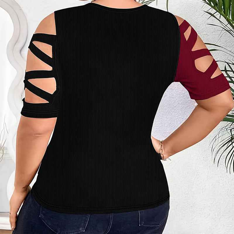 Contrast Patchwork Hollow-Out Slim Top — 4 Colourways, 0XL–6XL