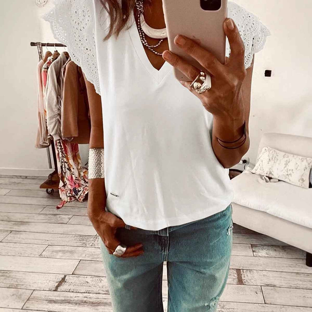 V-Neck Ruffle-Trim Loose Short Sleeve Shirt