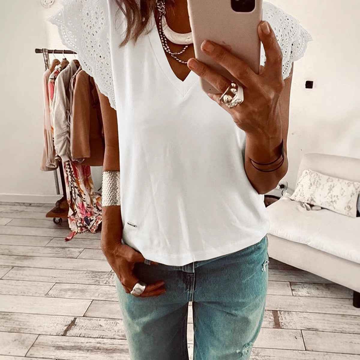 V-Neck Ruffle-Trim Loose Short Sleeve Shirt