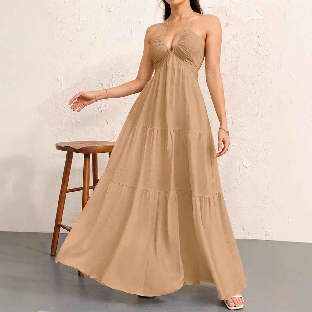High-Waist V-Neck Patchwork Flared Hem Maxi Dress