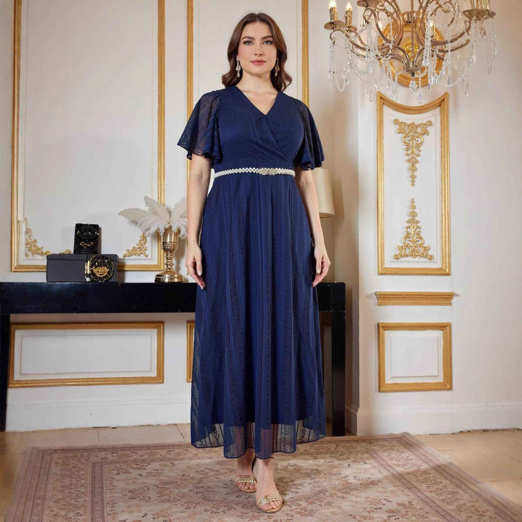 Lace Evening Gown with Belt & 3/4 Sleeves – Plus Size