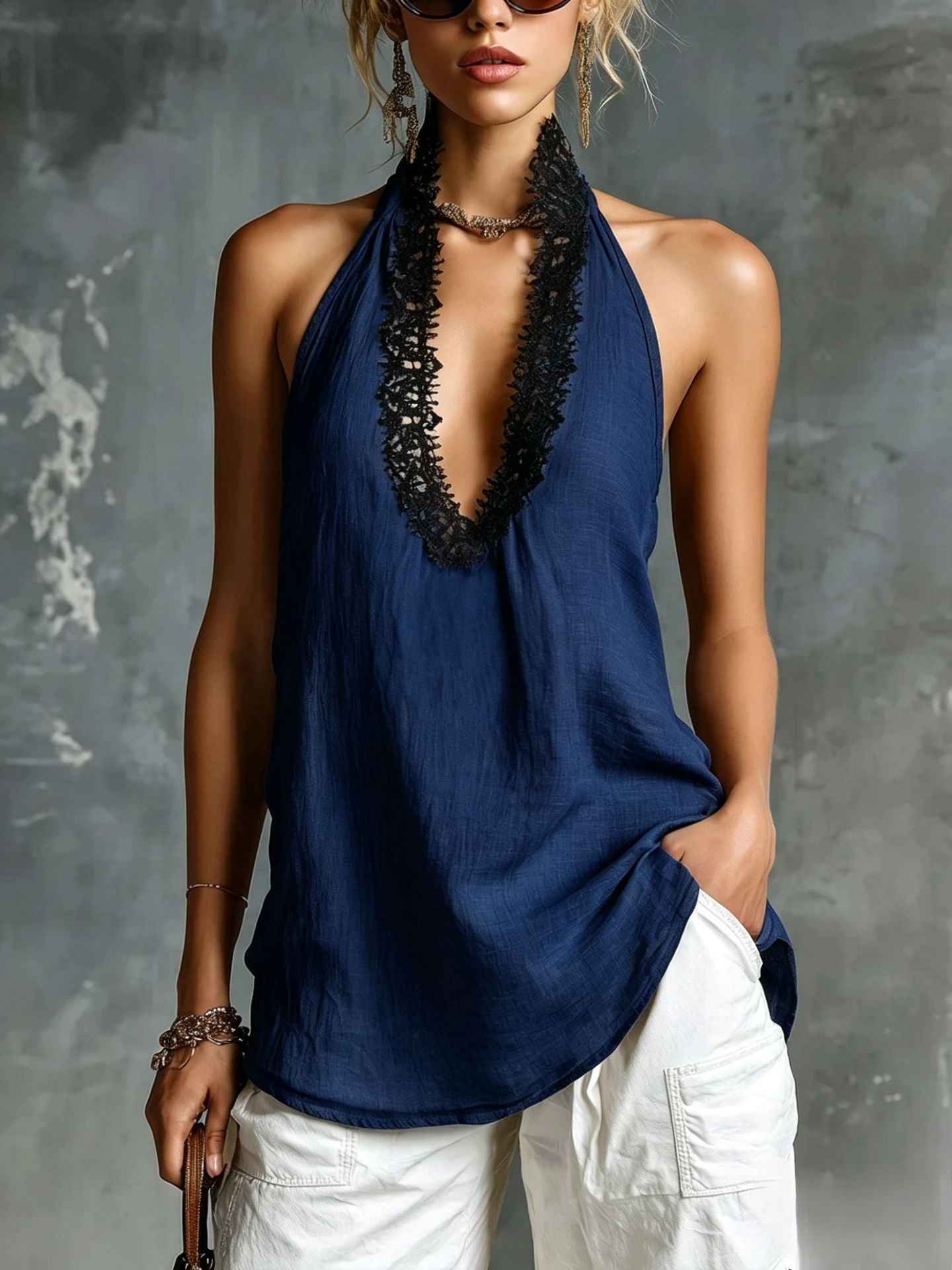 Cotton Linen Vest – V-Neck Sleeveless Halter Top with Lace Trim
