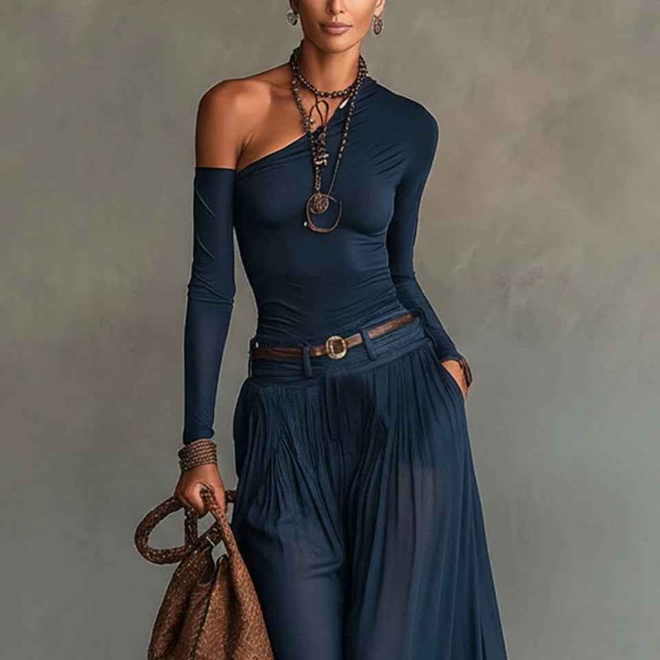 Women's Navy Blue Long-Sleeve Straight-Cut Maxi Dress — Relaxed Fit