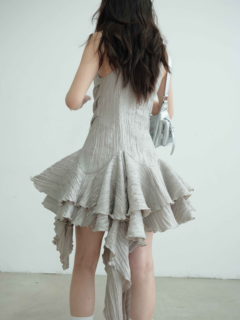 Gray Sleeveless A-line Midi Dress with Asymmetric Hem