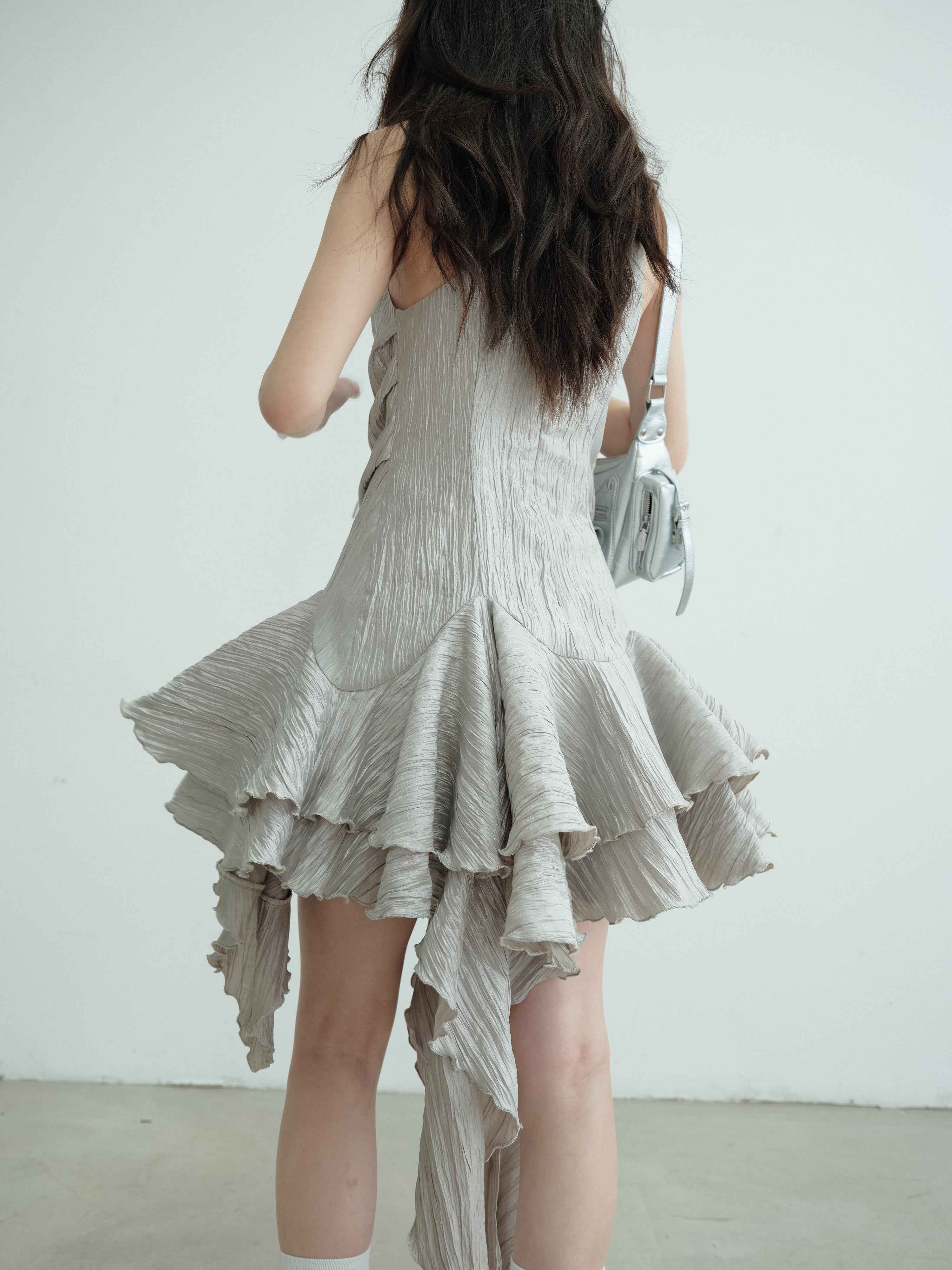 Gray Sleeveless A-line Midi Dress with Asymmetric Hem