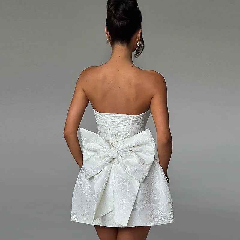 Off-Shoulder High-Waist Jacquard Tube Mini Dress with Bow Accent