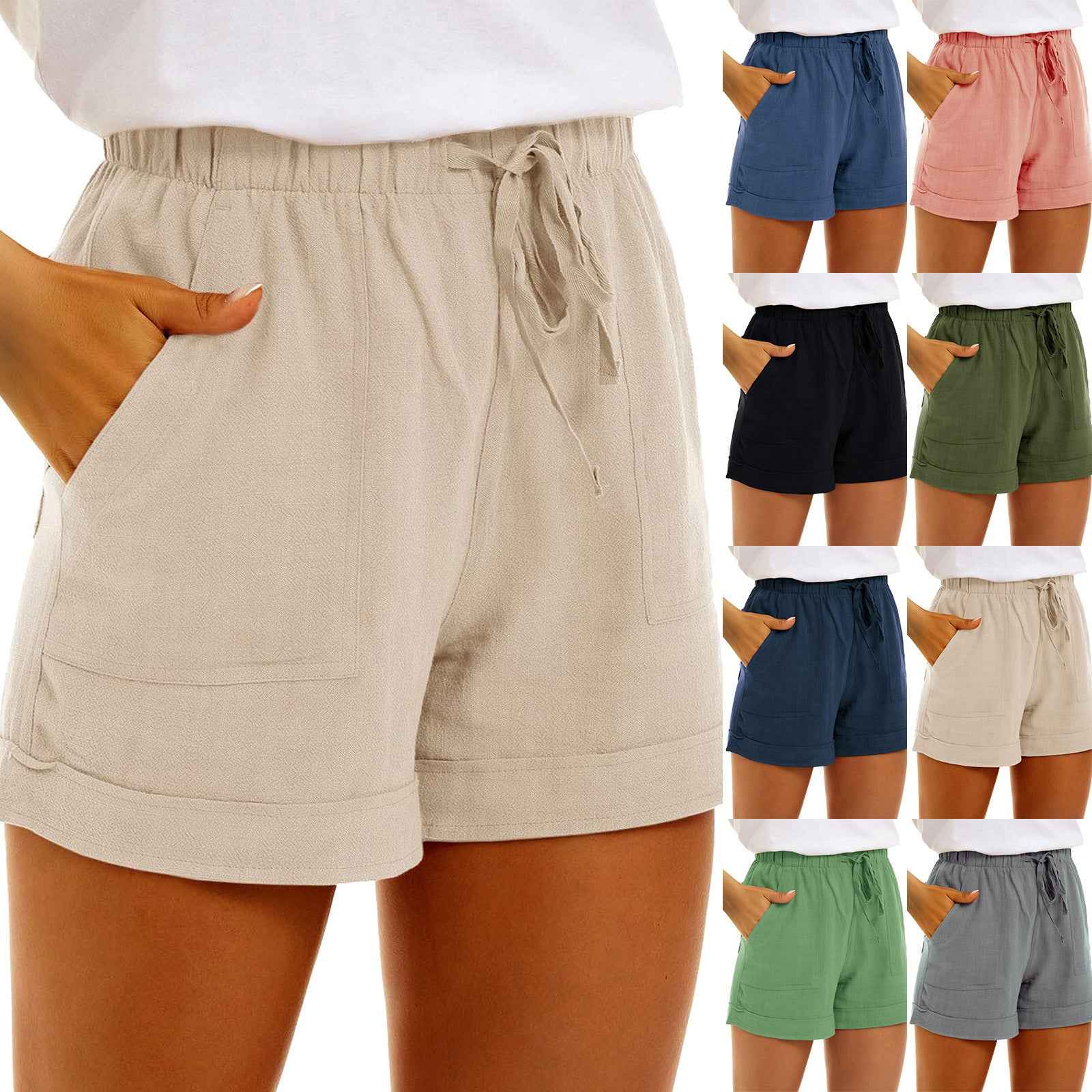 Women's Cotton-Linen Drawstring Shorts – High Waist, Pocketed