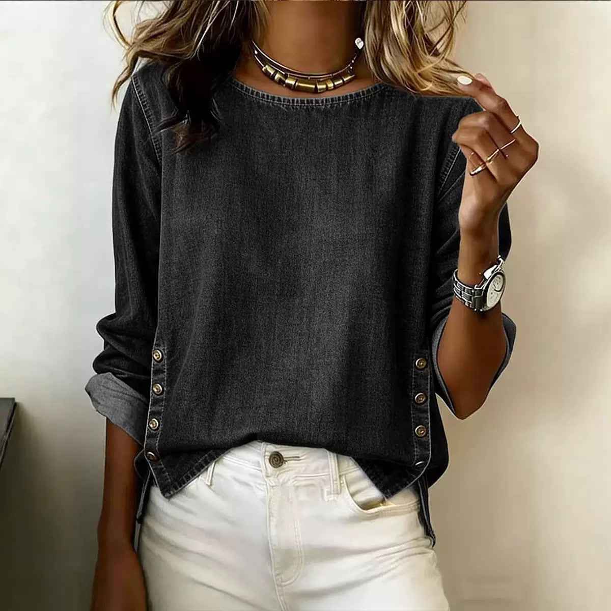 Women's Denim Shirt – Three-Quarter Sleeve Street Style Top