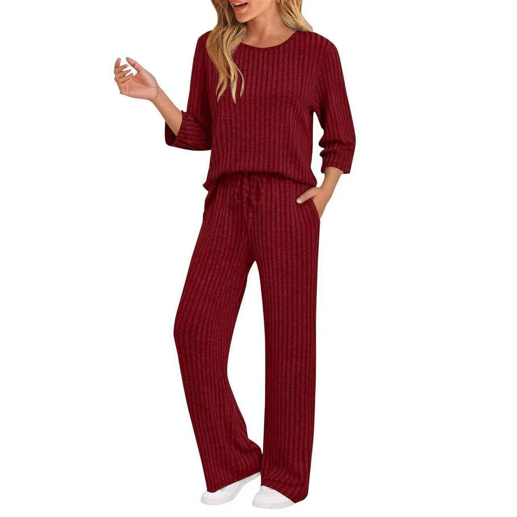 Ribbed Knit Two-Piece Set – Long Sleeve Top & Trousers Co-ord