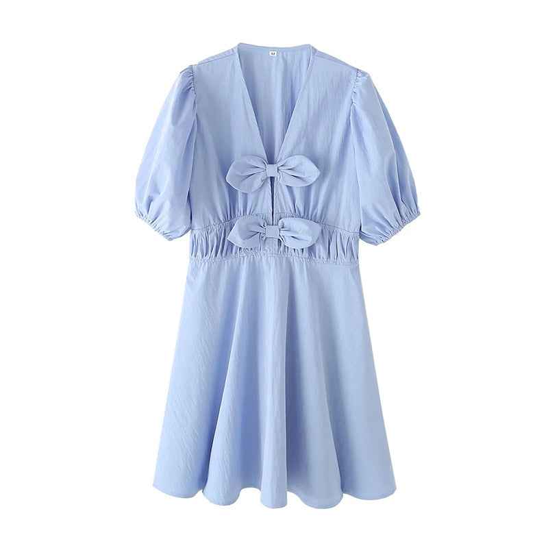 Bow-tie Deep V-neck High-waisted Lantern-sleeve Short A-line Dress