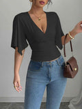 V-Neck Pleated Flutter Sleeve Slim Blouse — 3 Colours