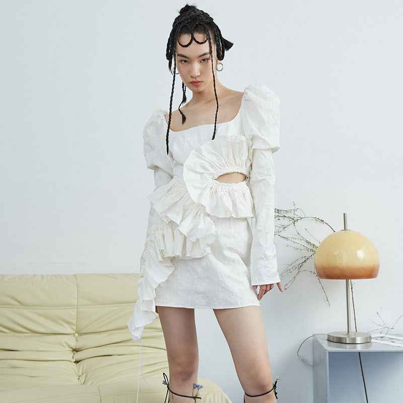 Women's White Floral Puff-Sleeve Ruffled Hem Dress — S–L
