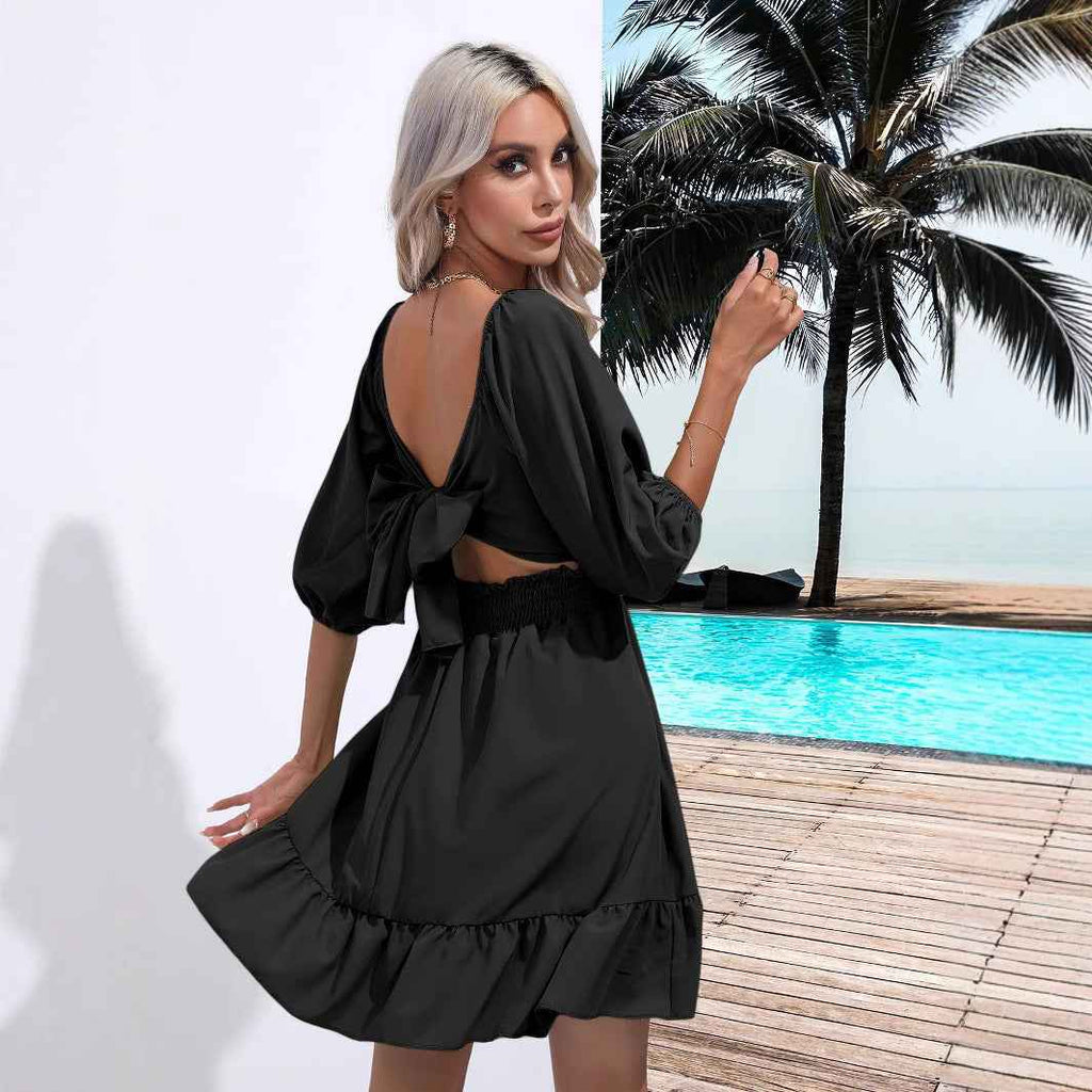 Ruffle Square-Neck Lace-Up Puff Sleeve Maxi Dress — Black & White