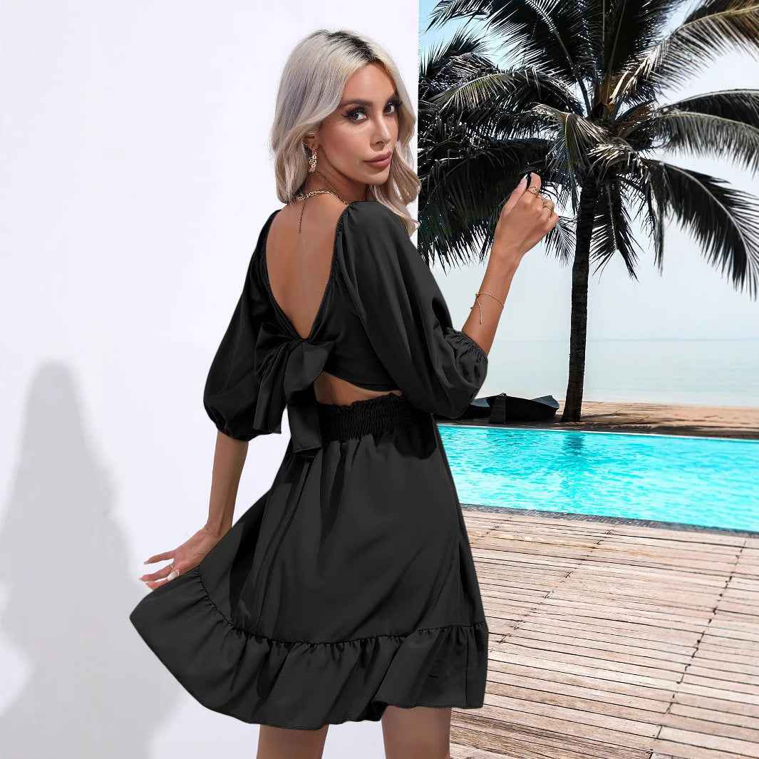 Ruffle Square-Neck Lace-Up Puff Sleeve Maxi Dress — Black & White