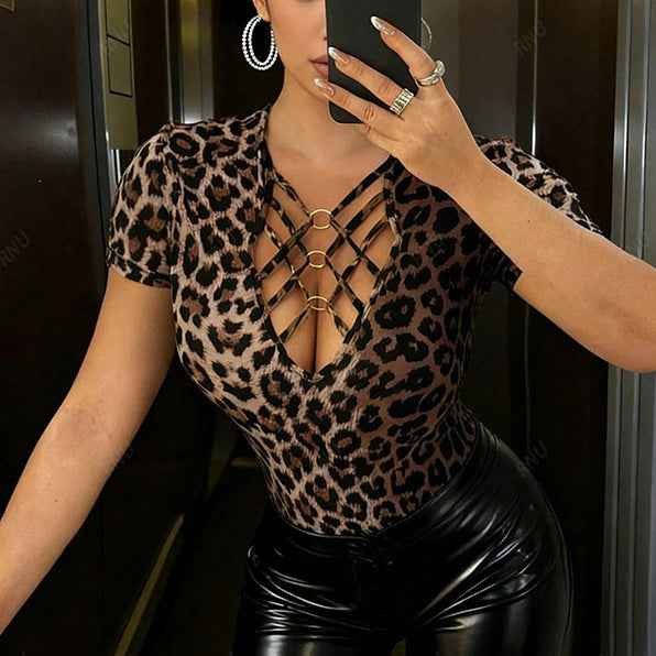 Women's Leopard Print Hollow-Out Cross V-Neck Top