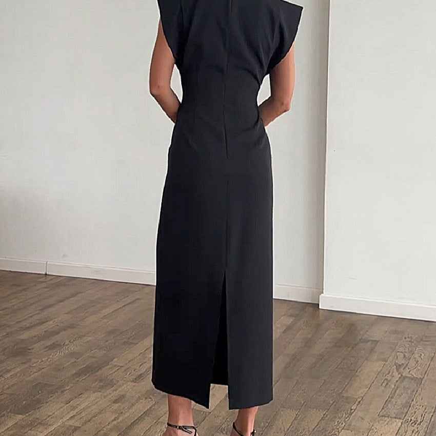 Women's Black Sleeveless Cutout Maxi Dress — Metal Button & High Waist
