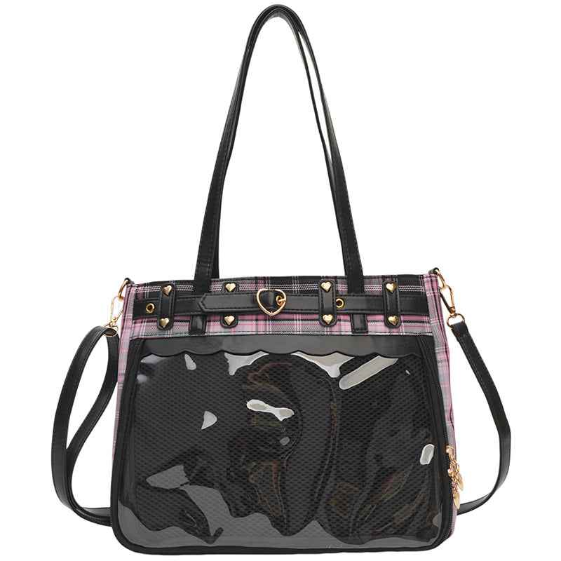 Plaid Manga-Inspired Tote Bag — Japanese Style Pin Bag