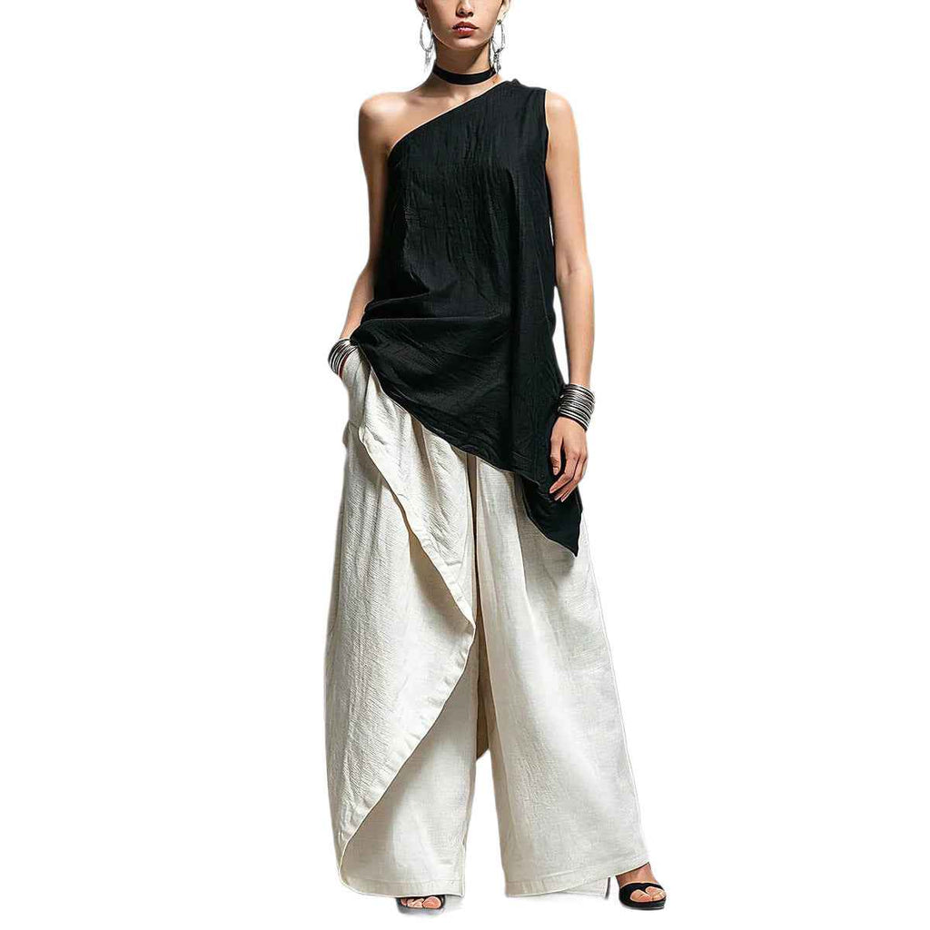 Women's Asymmetric One-Shoulder Pleated Cotton-Linen Top