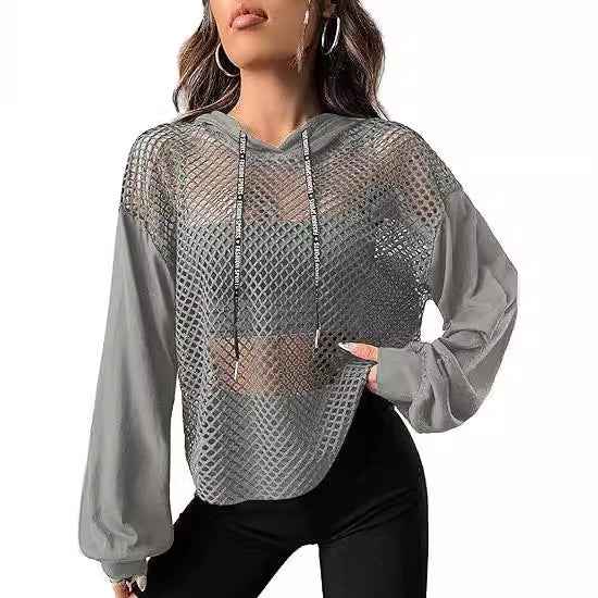 Mesh-Panel Casual Loose-Fit Sports Hoodie For Women